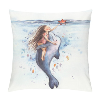 Personality  Cute Girl In A Striped Swimsuit Swims With A Dolphin Underwater And Holds A Starfish In His Hand.Girl Hugs With A Dolphin. Best Friends. Watercolor Illustration. Cartoon Dolphin Is Friends With Man. Pillow Covers