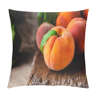 Personality  Peach Fruit With Leaf. Ripe Juicy Orange Fruit Of Peach Tree On Wooden Cutting Rustic Board. Peach Harvest Closeup In Dark Key. Pillow Covers