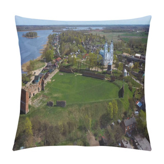 Personality  Aerial View Of The Ludza Medieval Castle Ruins On A Hill Between Big Ludza Lake And Small Ludza Lake And The Roman Catholic Church In Background Pillow Covers