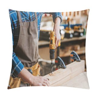 Personality  Cropped View Of Carpenter In Apron Holding Hammer Drill Near Wooden Planks Pillow Covers