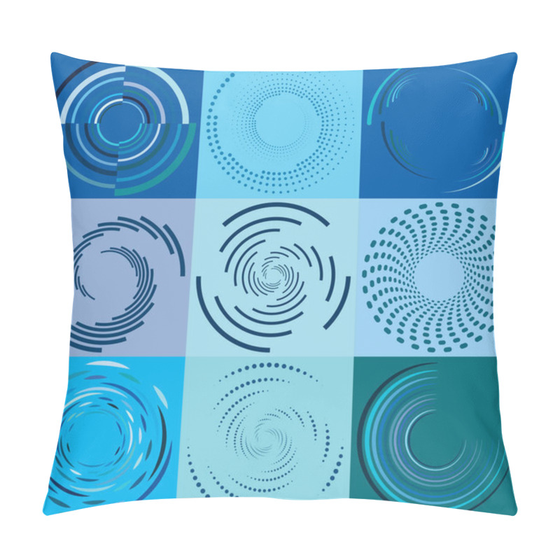 Personality  set of colorful, multicolor and monochrome cyclic, cycle concentric rings. revolved spirals, vortexes, whorls. abstract circular, radial loop shapes, elements over colored backdrop, background pillow covers