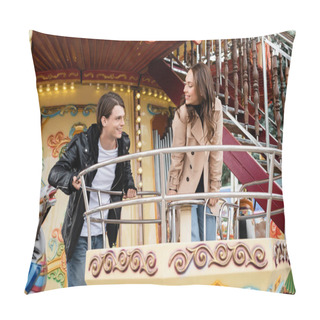 Personality  Cheerful Couple In Autumnal Outfits Looking At Other On Carousel In Amusement Park Pillow Covers