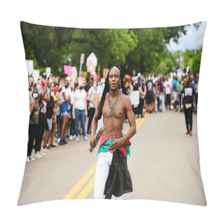 Personality  Orlando, FL, USA - JUNE 19, 2020: U.S. Black Rights Fighter. Black Man At A Demonstration. Pillow Covers