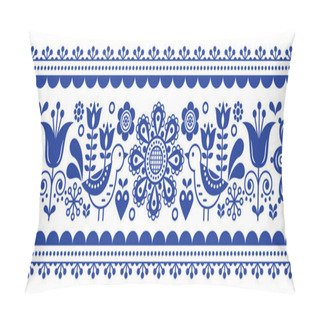 Personality  Scandinavian Seamless Vector Pattern With Flowers And Birds, Nordic Folk Art Repetitive Navy Blue Ornament  Pillow Covers