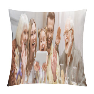 Personality  Excited Family Waving Hands During Video Call On Smartphone Near Wine Glasses, Banner Pillow Covers