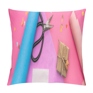 Personality  Top View Of Valentines Decoration, Wrapping Paper, Gift Box, Scissors On Pink Background, Panoramic Shot Pillow Covers