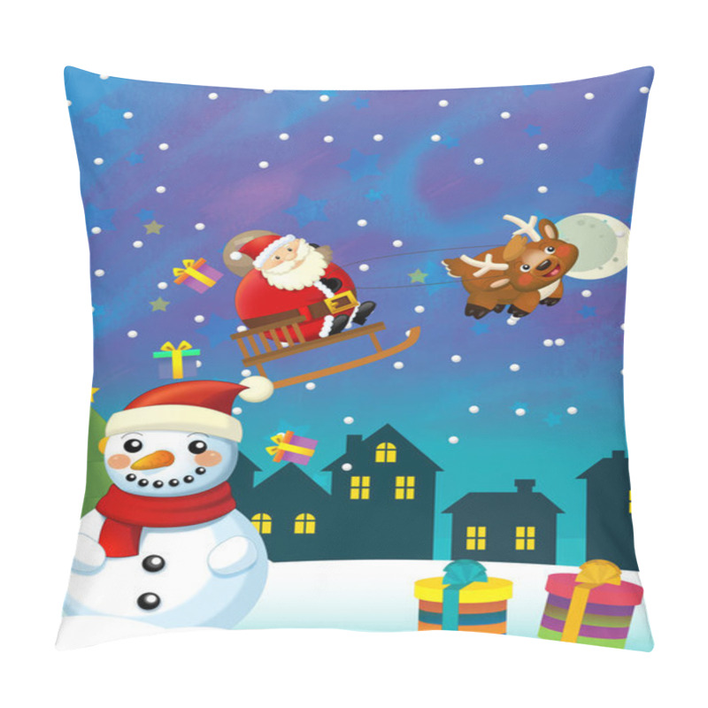 Personality  Christmas happy scene with different animals santa claus and snowman - illustration for the children pillow covers