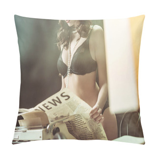 Personality  Cropped View Of Sexy Woman In Black Lingerie And Necklace Reading Newspaper In Office Pillow Covers