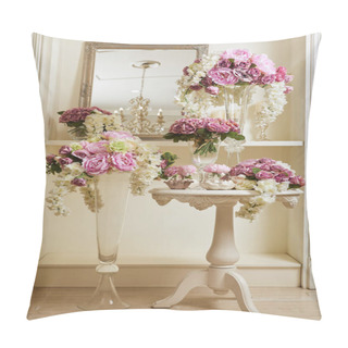 Personality  Interior Of Room With Mirror And Flowers In Glass Vases Pillow Covers