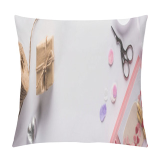 Personality  Top View Of Valentines Decoration, Gifts, Handiwork Supplies On White Background, Panoramic Shot Pillow Covers