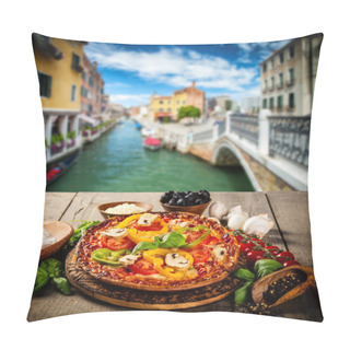 Personality  Rustic Pizza With Old City Italy Background Pillow Covers