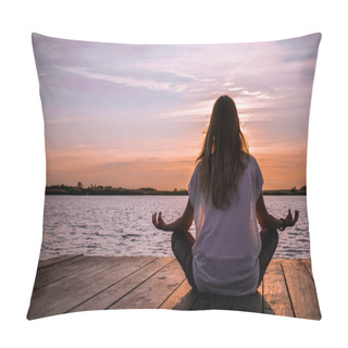 Personality  Young Women In Meditative Yoga Position On Wooden Pontoon On The Lake  Pillow Covers