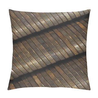 Personality  Background From Stacks And Edges Of Yellow Brass Coins Placed At An Angle Diagonally Across The Image. 10 Russian Rubles Close Up. Dark Vertical Backdrop Or Wallpaper On Economic, Banking Topic. Macro Pillow Covers