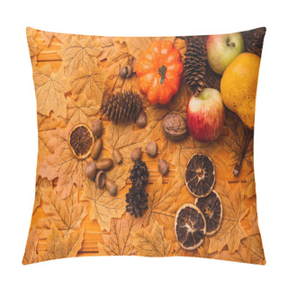 Personality  Top View Of Autumnal Decoration And Food Scattered From Wicker Basket On Golden Foliage On Wooden Background Pillow Covers