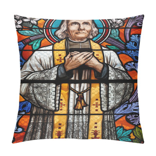 Personality  Saint Pothin Church.  Stained Glass Window.  Saint John Vianney, Was A French Catholic Priest Who Is Venerated In The Catholic Church As A Saint And As The Patron Saint Of Parish Priests. France.  Pillow Covers