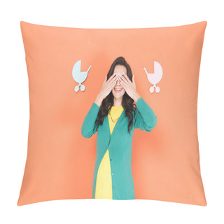 Personality  Glad Pregnant Woman In Green Cardigan Covering Eyes With Hands On Orange Background Pillow Covers