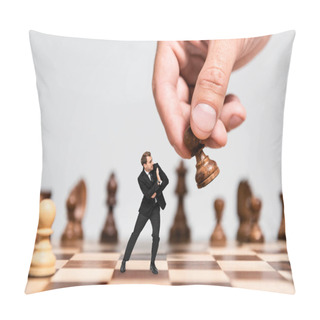Personality  Cropped View Of Man Playing Chess And Frightened Marionette Looking At Figure Isolated On Grey Pillow Covers