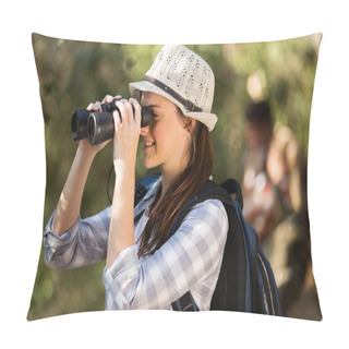 Personality  Woman Using Binoculars Bird Watching Pillow Covers