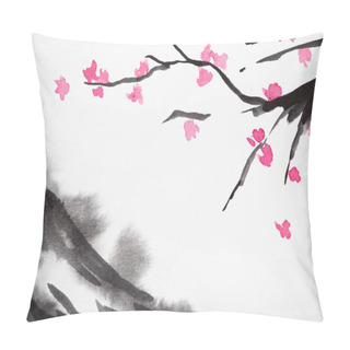 Personality  Japanese Painting With Grey Hill And Sakura Branches On White Background Pillow Covers