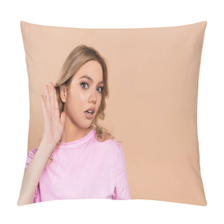 Personality  Pretty Woman Holding Hand Near Ear Isolated On Beige Pillow Covers