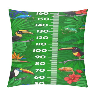 Personality  Kids Height Chart With Cartoon Toucan Birds And Chameleons In Jungle Tropical Leaves. Vector Growth Measure Wall Meter With Centimeter Ruler Scale On Background Of Exotic Animals, Lizards, And Flowers Pillow Covers