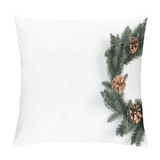Personality  Close-up View Of Beautiful Christmas Wreath With Pine Cones On White Background Pillow Covers