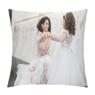 Personality  Special Moment, Happy Middle Eastern Bride In Floral Wedding Gown Sitting And Holding Hands With Her Little Daughter In Bridal Salon Around White Tulle Fabrics, Bridal Shopping, Togetherness  Pillow Covers