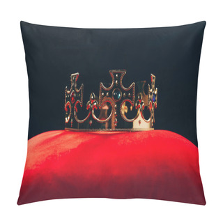 Personality  Antique Golden Crown With Gemstones On Red Pillow, Isolated On Black Pillow Covers