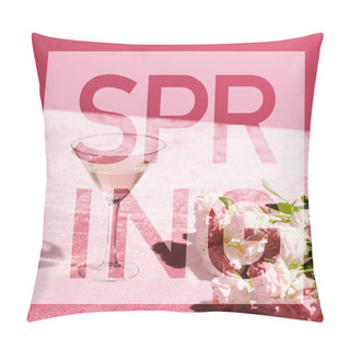 Personality  Rose Wine In Glass Near Bouquet On Velour Pink Cloth Isolated On Pink, Spring Illustration Pillow Covers