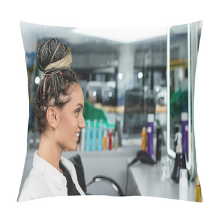 Personality  Side View, Happy Client In Beauty Salon, Cheerful Woman With Hair Bun, Customer Satisfaction, Hair Salon, Hairstyle, Female Client With Braids, Looking Away, Mirror, Beauty Salon  Pillow Covers