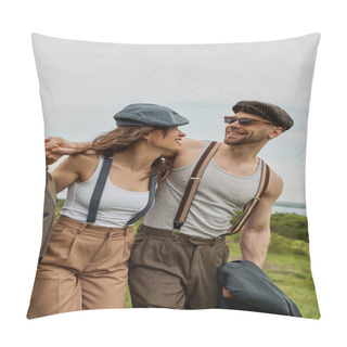 Personality  Smiling Bearded Man In Vintage Outfit And Newsboy Cap Hugging Brunette Girlfriend With Suspenders And Walking With Scenic Landscape At Background, Stylish Couple Enjoying Country Life Pillow Covers