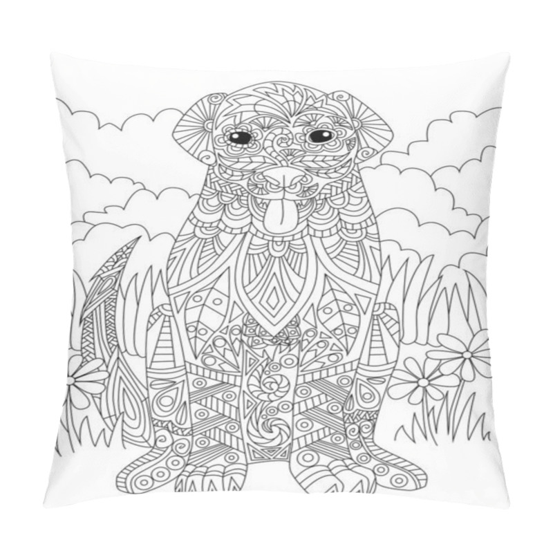 Personality  Happy Dog Sitting Facing Forward With Tall Grass Background Colorless Line Drawing. Canine Companion Sits Sitcking Tongue Out On Grass Field Coloring Book Page. pillow covers