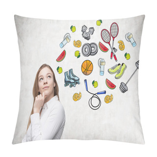 Personality  Dreaming Beautiful Lady Is Thinking About Her Choice Of Sport Activity. Colourful Sport Icons Are Drawn On The Concrete Wall. A Concept Of A Healthy Lifestyle. Pillow Covers