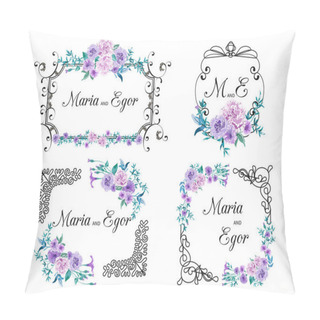 Personality  Set Of Vintage Frames With Floral Motifs For Greeting Card Or Wedding Invitation On White Background. Vector Garden Flowers Pink Roses And Peonies With Greenery In Watercolor Style. Pillow Covers