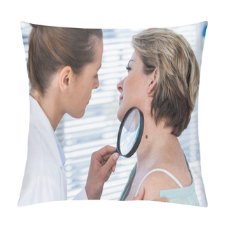 Personality  Dermatologist Examining Mole With Magnifying Glass Pillow Covers