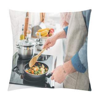 Personality  Cropped Image Of Boyfriend Frying Vegetables On Frying Pan In Kitchen Pillow Covers