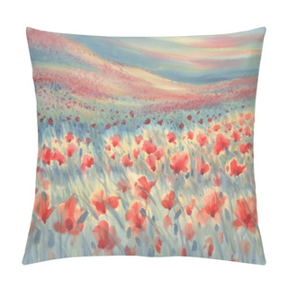 Personality  Red Poppy Field With A Rye Watercolor Background Pillow Covers