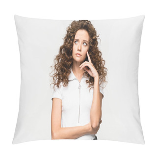 Personality  Attractive Thoughtful Curly Girl In White T-shirt, Isolated On White Pillow Covers