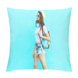 Personality  Fashion Pretty Woman Stands Over Colorful Blue Background Pillow Covers