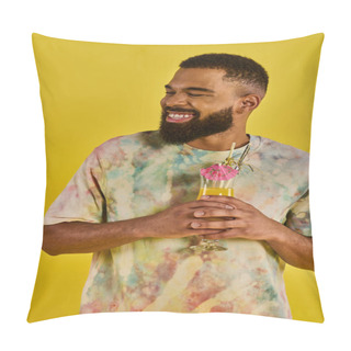 Personality  A Man With A Lush Beard Holds A Delicate Flower In His Hand, Showcasing A Harmonious Blend Of Masculinity And Nature. Pillow Covers