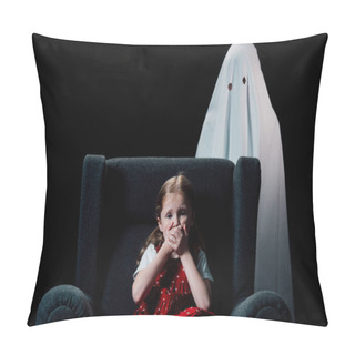 Personality  White Ghost And Scared Child Sitting In Armchair And Showing Hish Sign Isolated On Black Pillow Covers