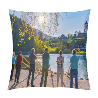 Personality  Werdenberg, Switzerland - April 25, 2021: A Group Of Alpine Horn Players Performing At The Lake Of Werdenberg. Pillow Covers