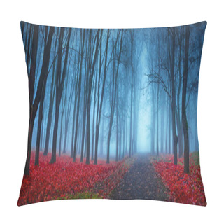 Personality  Beautiful Mystical Forest In Blue Fog In Autumn Pillow Covers