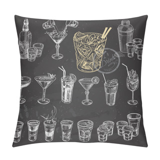 Personality  Hand Drawn Sketch Set Of Alcoholic Cocktails. Vector Illustration Pillow Covers