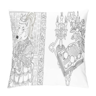 Personality  Coloring Pages. Wolf Girl In Vintage Dress And Accessoires. Line Art Design For Adult Colouring Book With Doodle And Zentangle Elements. Vector Illustration. Pillow Covers