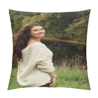 Personality  Woman Near The River In Autumn Season Pillow Covers