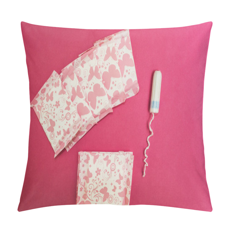 Personality  Sanitary pads and tampon on a pink background. pillow covers