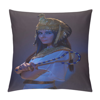 Personality  Portrait Of Woman In Egyptian Look Holding Crook And Posing On Brown Background With Blue Light Pillow Covers