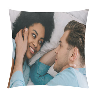 Personality  Pretty Multiracial Couple Hugging And Lying On Bed Pillow Covers