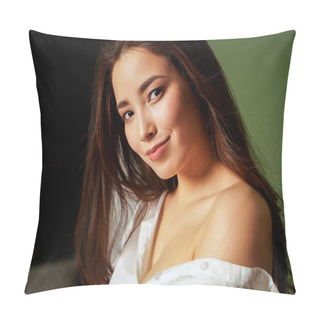 Personality  Beauty Fashion Portrait Of Sexy Sensual Smiling Asian Young Woman With Dark Long Hair In White Shirt On Green Background Pillow Covers